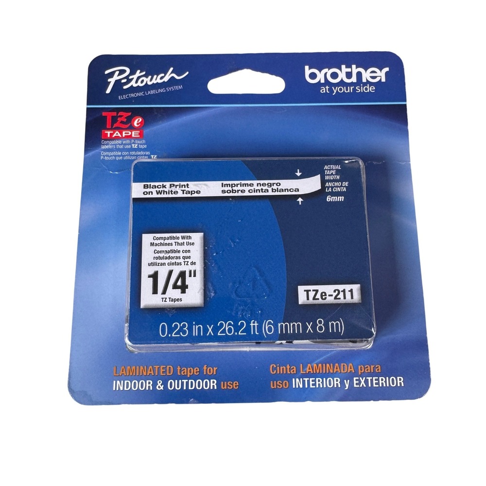 Brother P-touch TZe-211 Label Tape Black on White 1/4 Inch 6mm Laminated New